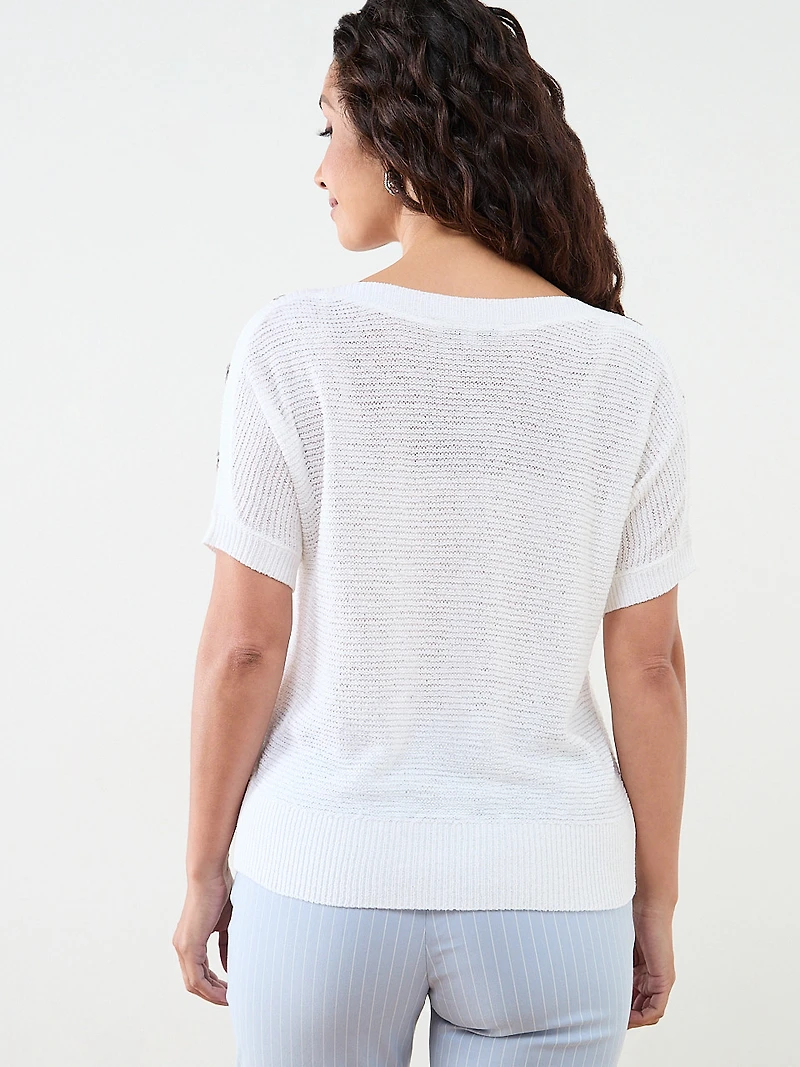 Petite Short Sleeve Striped Tapeyarn Sweater