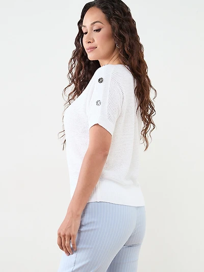 Petite Short Sleeve Striped Tapeyarn Sweater
