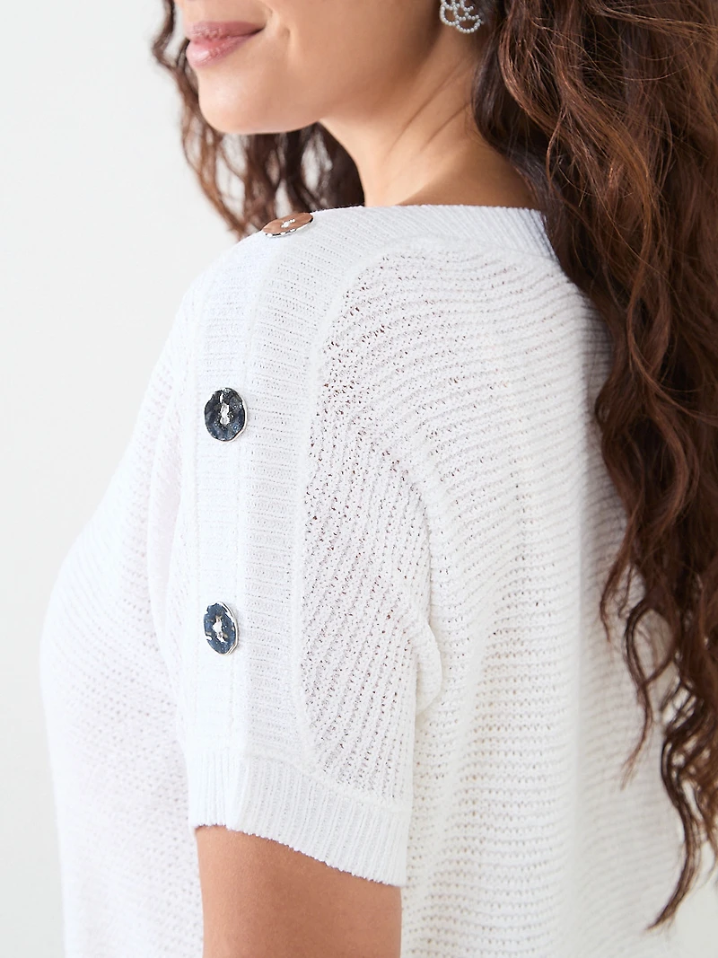 Petite Short Sleeve Striped Tapeyarn Sweater