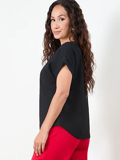 Petite Short Sleeve Textured Relaxed Fit Top