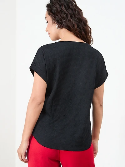 Petite Short Sleeve Textured Relaxed Fit Top