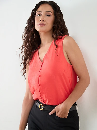 Petite Sleeveless Airflow Button Front Blouse
