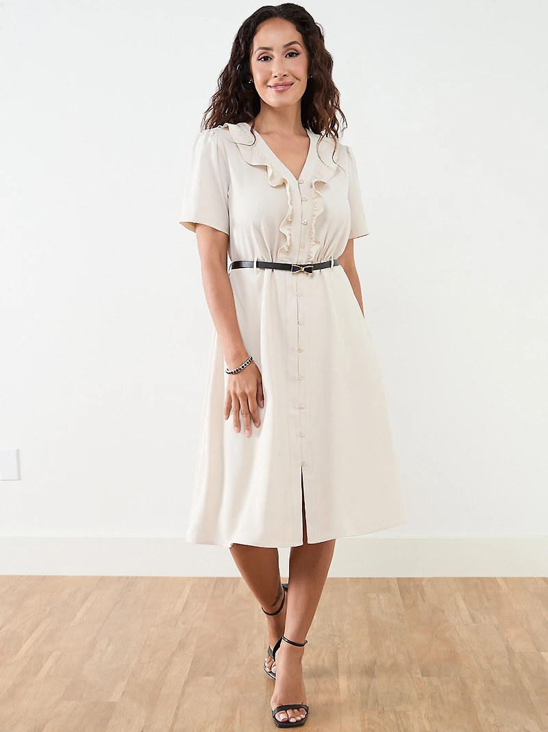 Petite Ruffle Front Midi Length Dress