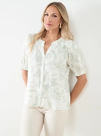 Short Sleeve Smock Neck Linen Slub Blouse