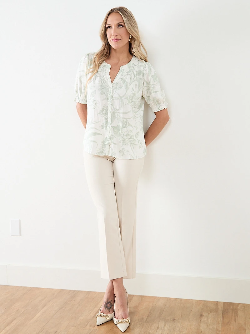 Short Sleeve Smock Neck Linen Slub Blouse
