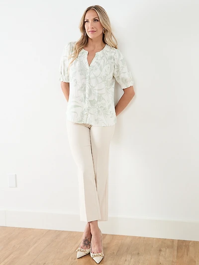 Short Sleeve Smock Neck Linen Slub Blouse