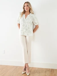 Short Sleeve Smock Neck Linen Slub Blouse