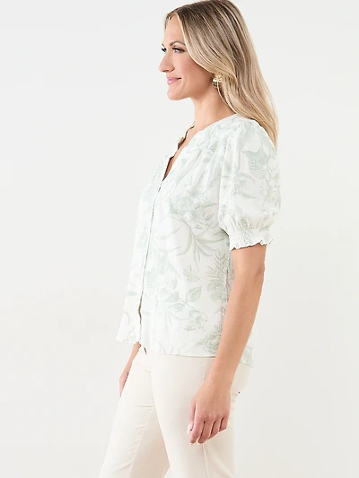 Short Sleeve Smock Neck Linen Slub Blouse