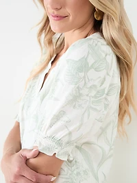 Short Sleeve Smock Neck Linen Slub Blouse