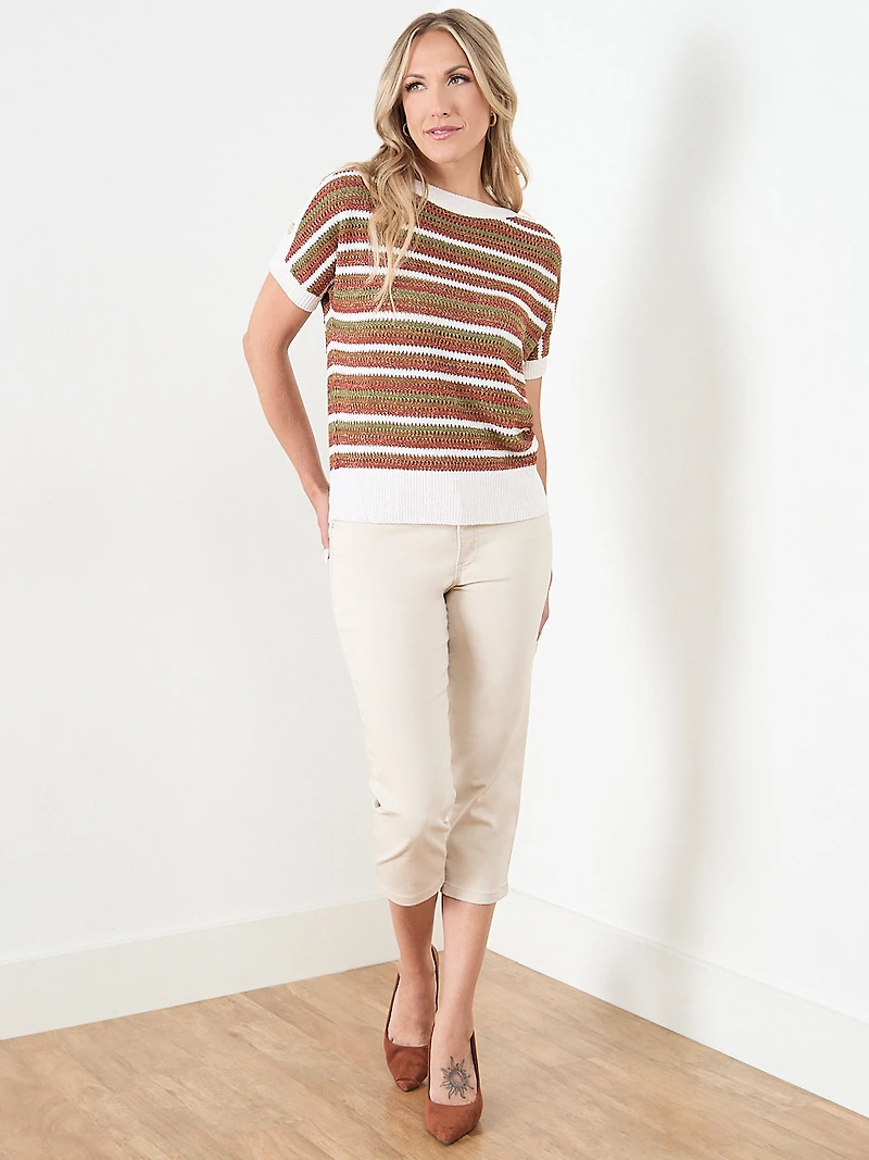 Short Sleeve Striped Tape yarn Sweater