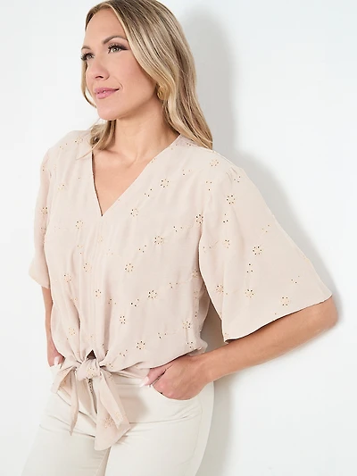 Short Sleeve Tie Front Airflow Blouse by Haver & Blair