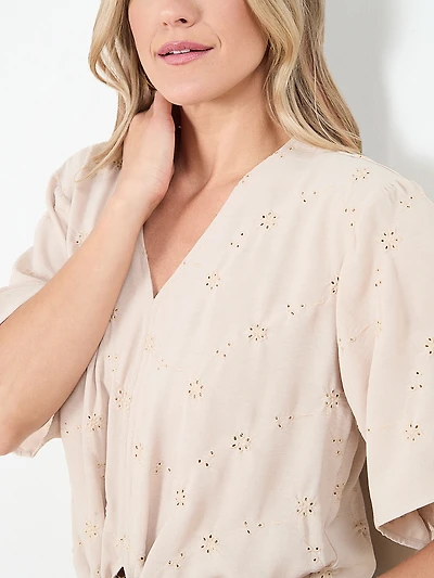 Short Sleeve Tie Front Airflow Blouse by Haver + Blair