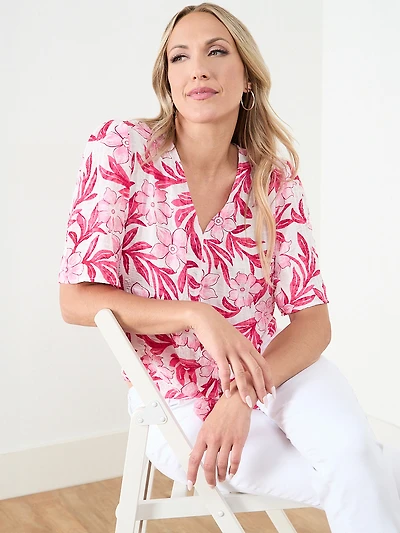 Short Sleeve Tie Front Seersucker Blouse