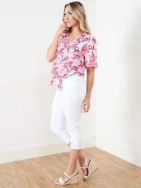 Short Sleeve Tie Front Seersucker Blouse