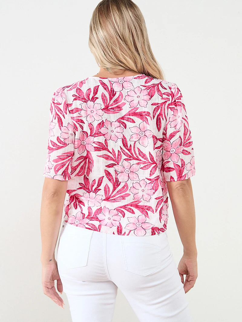Short Sleeve Tie Front Seersucker Blouse