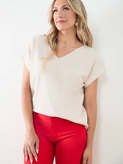 Short Sleeve V-Neck Textured Relaxed Fit Top