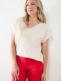 Short Sleeve V-Neck Textured Relaxed Fit Top