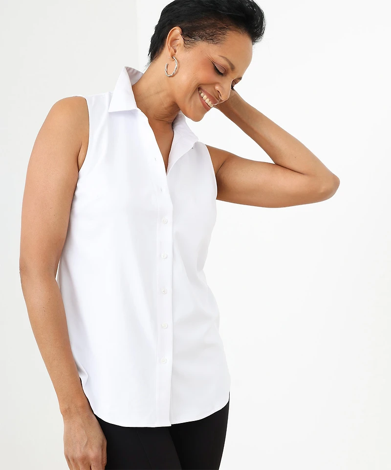 Sleeveless Collared Button Front Blouse in White