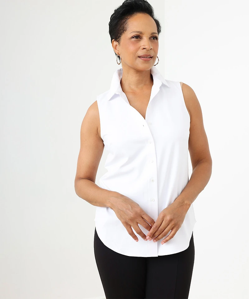 Sleeveless Collared Button Front Blouse in White