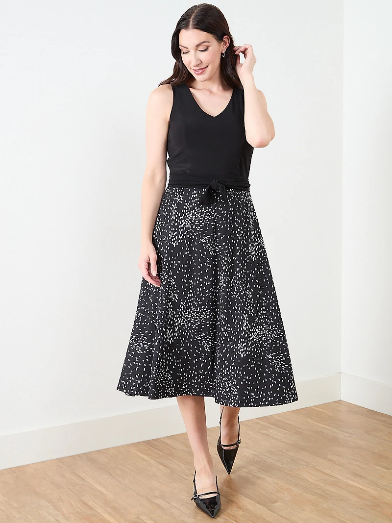 Sleeveless Fit & Flare Dress in Black/White Dot