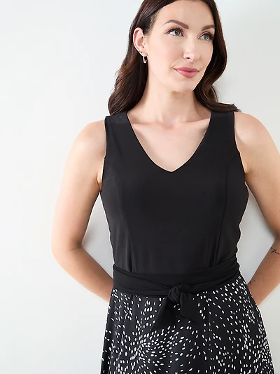 Sleeveless Fit & Flare Dress in Black/White Dot