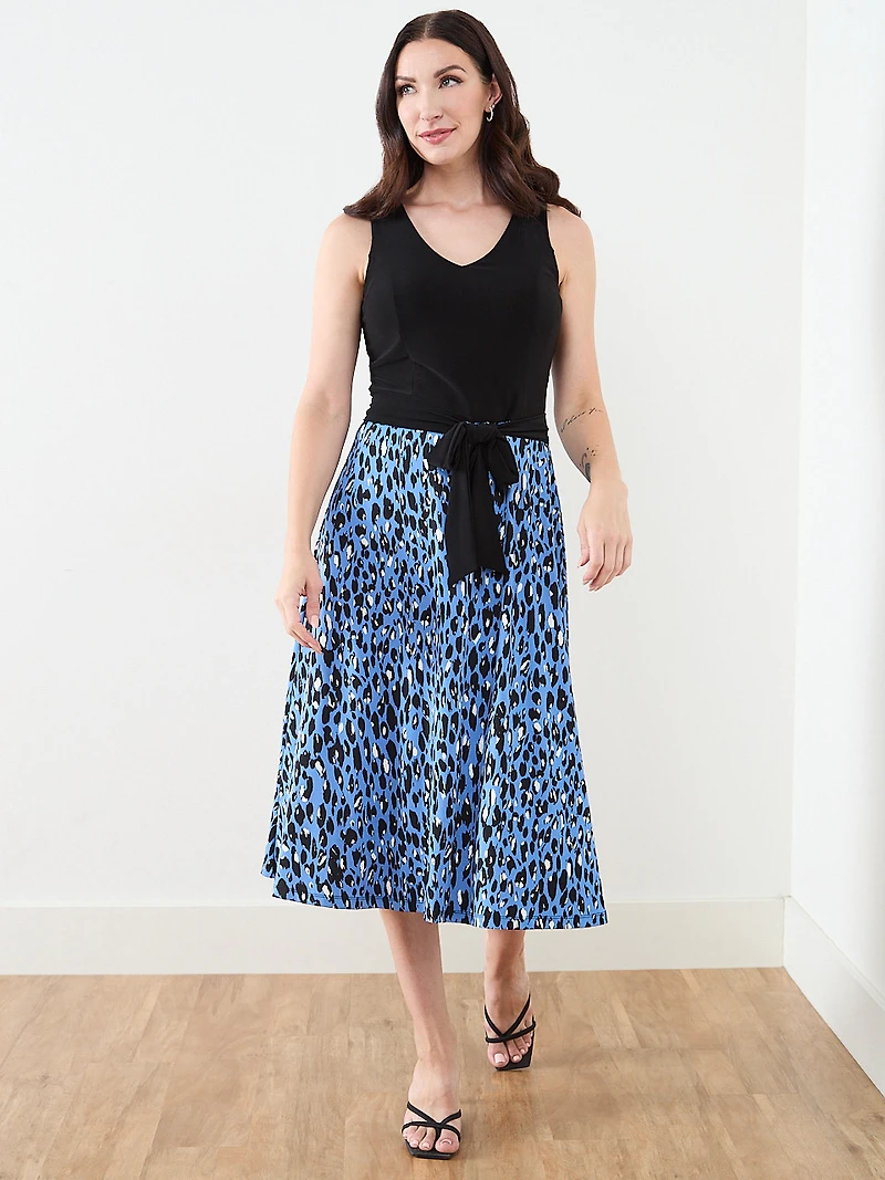 Sleeveless Fit & Flare Dress in Blue Leopard