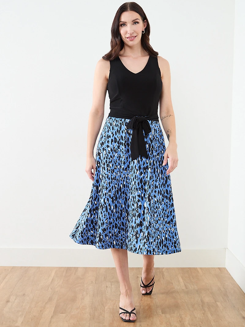 Sleeveless Fit & Flare Dress in Blue Leopard