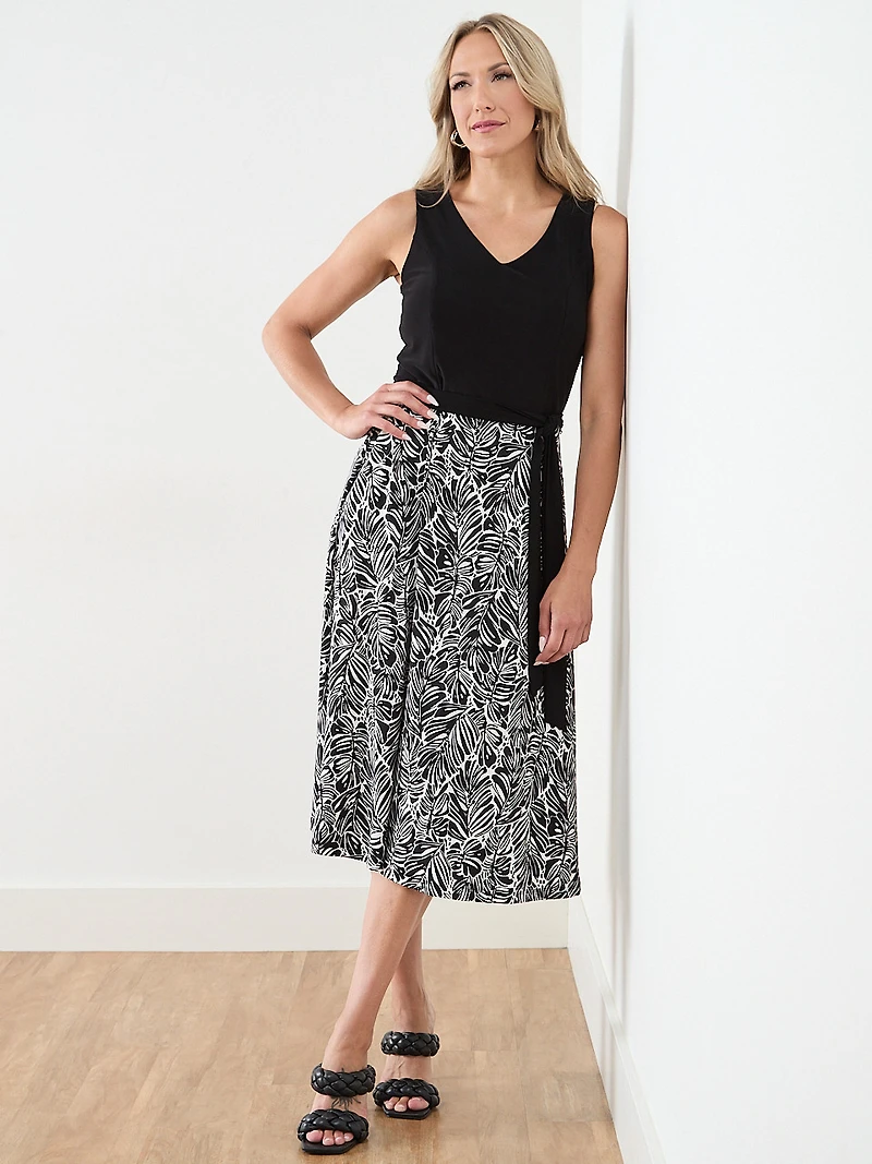 Sleeveless Fit & Flare Dress in Palm Print