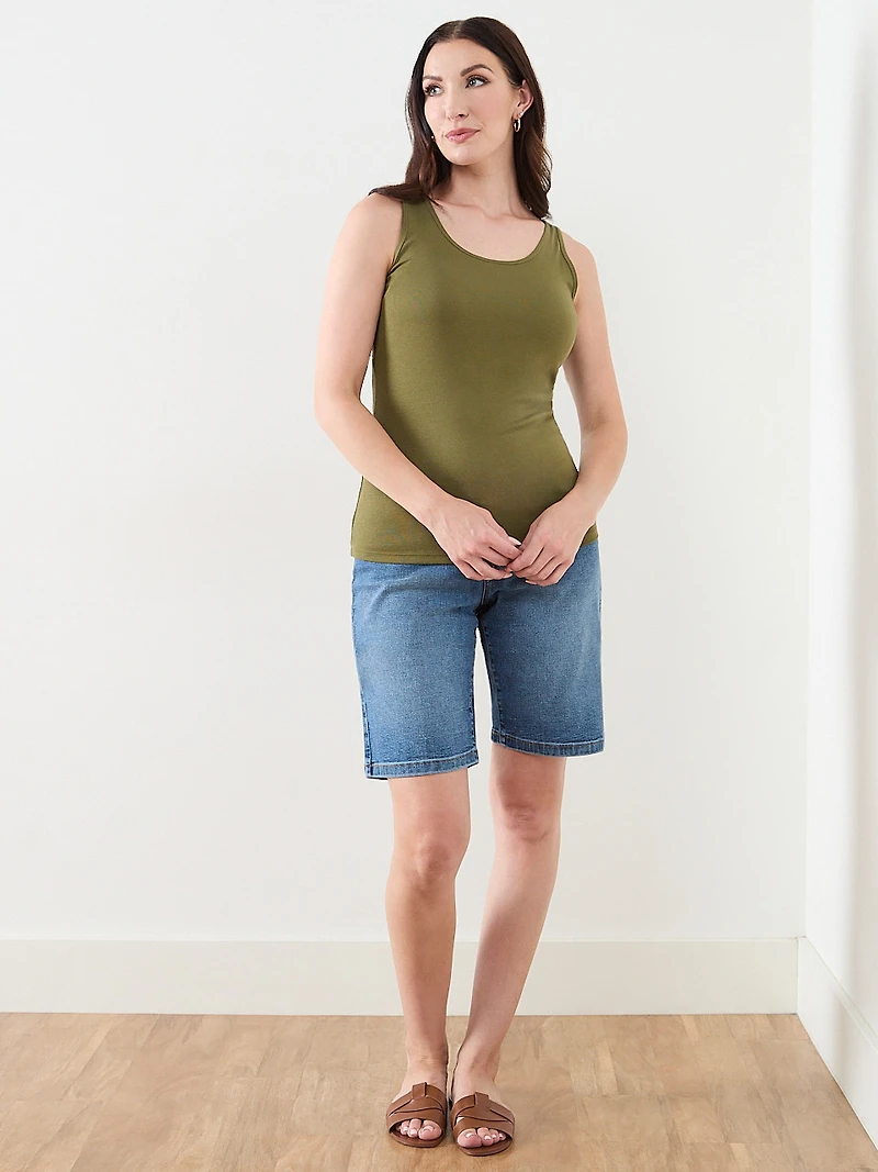 Stretch Cotton U-Neck Tank in Moss