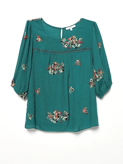 Elbow Sleeve Embroidered Blouse in Peacock