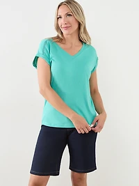 Knit Shoulder Trim T-Shirt in Turquoise
