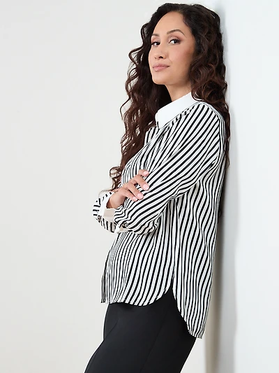 Petite Long Sleeve Black & White Blouse