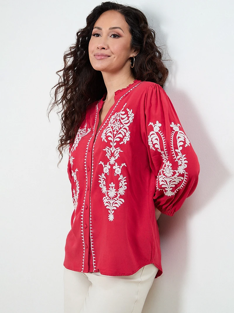 Petite 3/4 Sleeve Embroidered Blouse
