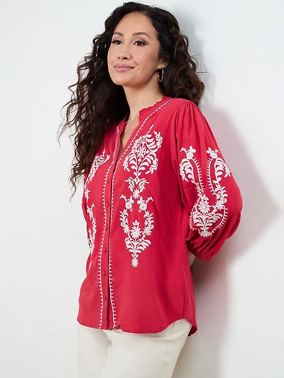 Petite 3/4 Sleeve Embroidered Blouse