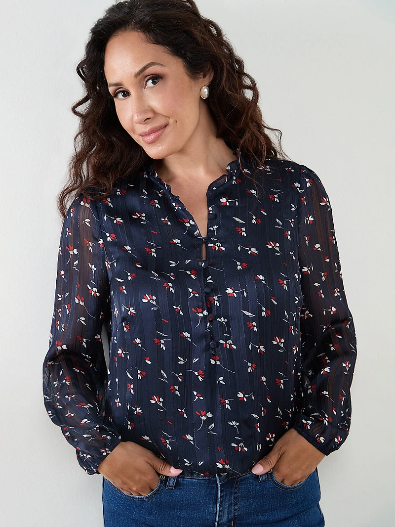 Petite Chiffon Ruffle Neck Blouse