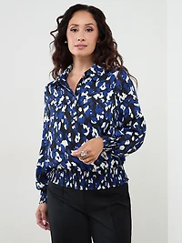 Petite Collared Blouse with Smocked Hem