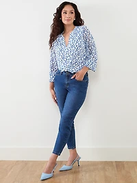 Petite Long Sleeve Mesh Button-Front Top