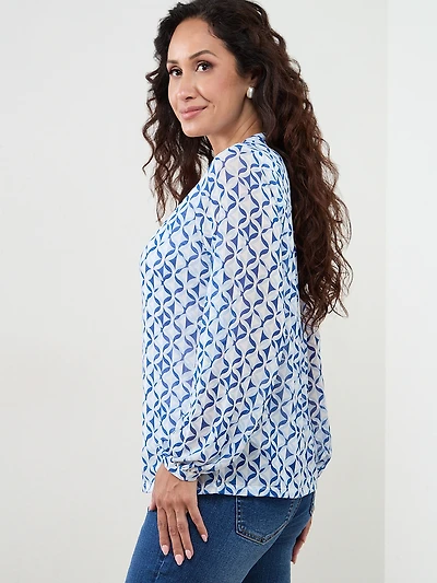 Petite Long Sleeve Mesh Button-Front Top