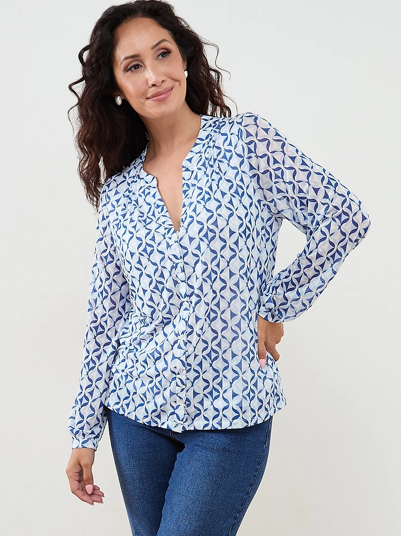 Petite Long Sleeve Mesh Button-Front Top
