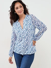Petite Long Sleeve Mesh Button-Front Top