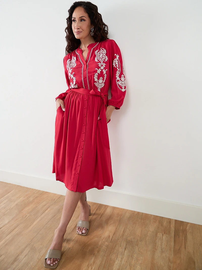 Petite Red Long Sleeve Embroidered Dress
