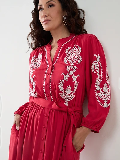 Petite Red Long Sleeve Embroidered Dress