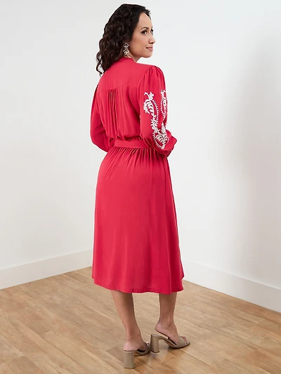 Petite Red Long Sleeve Embroidered Dress