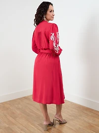 Petite Red Long Sleeve Embroidered Dress