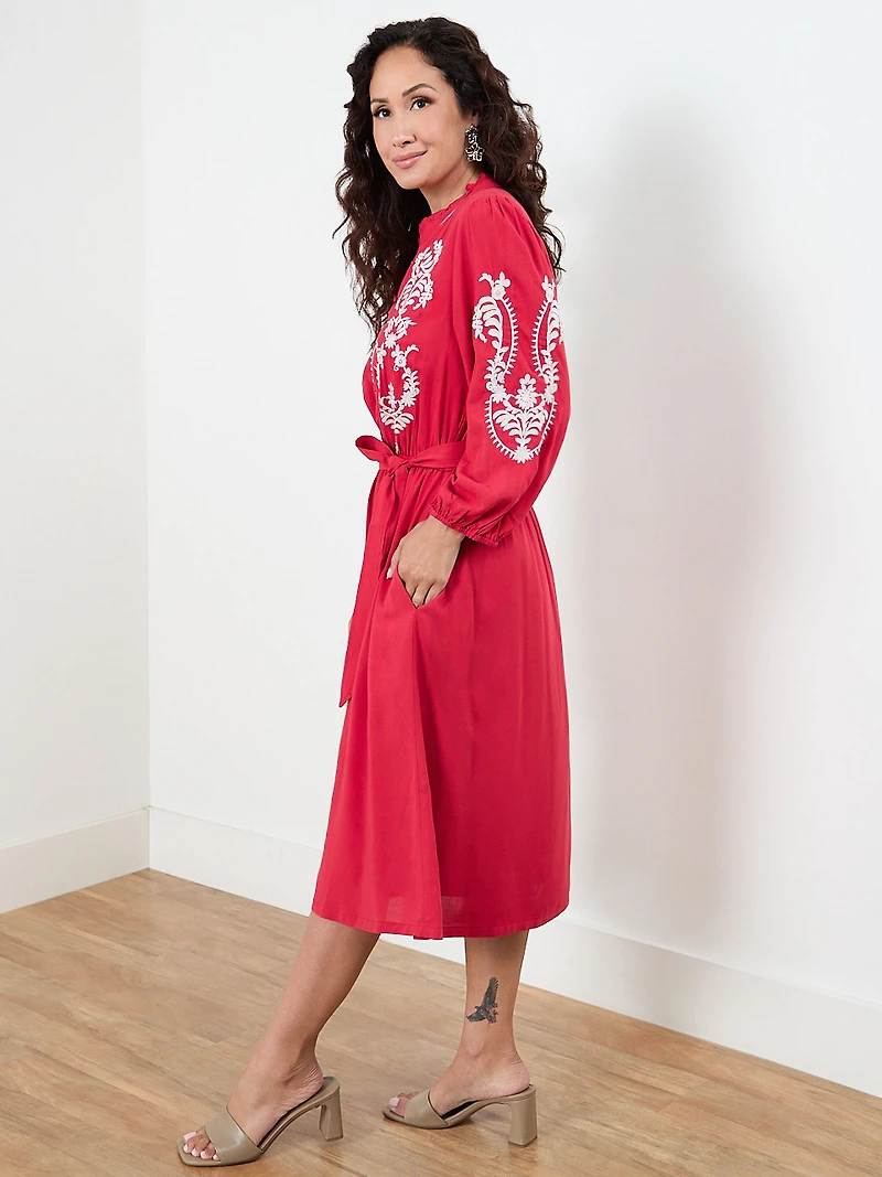 Petite Red Long Sleeve Embroidered Dress