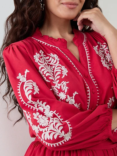 Petite Red Long Sleeve Embroidered Dress