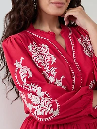 Petite Red Long Sleeve Embroidered Dress