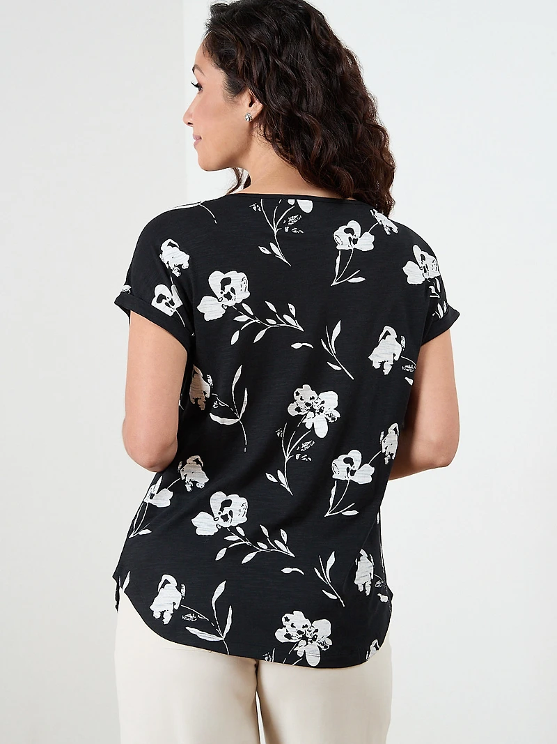 Petite Short Sleeve Boatneck T-Shirt in Black Floral
