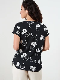 Petite Short Sleeve Boatneck T-Shirt in Black Floral