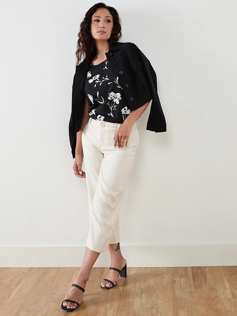 Petite Short Sleeve Boatneck T-Shirt in Black Floral